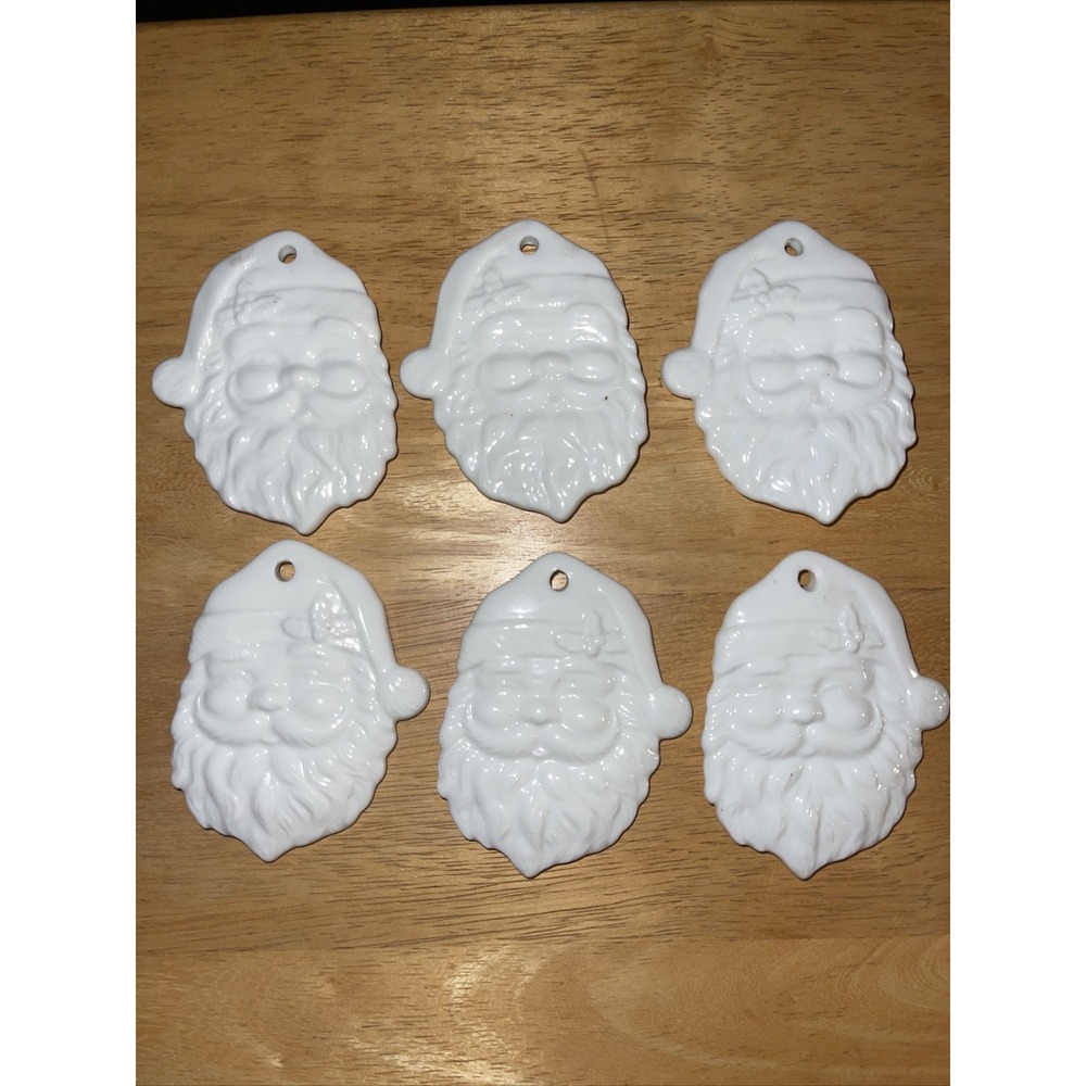 Set of 6 White Ceramic Santa Claus Face Christmas Ornaments Charms
